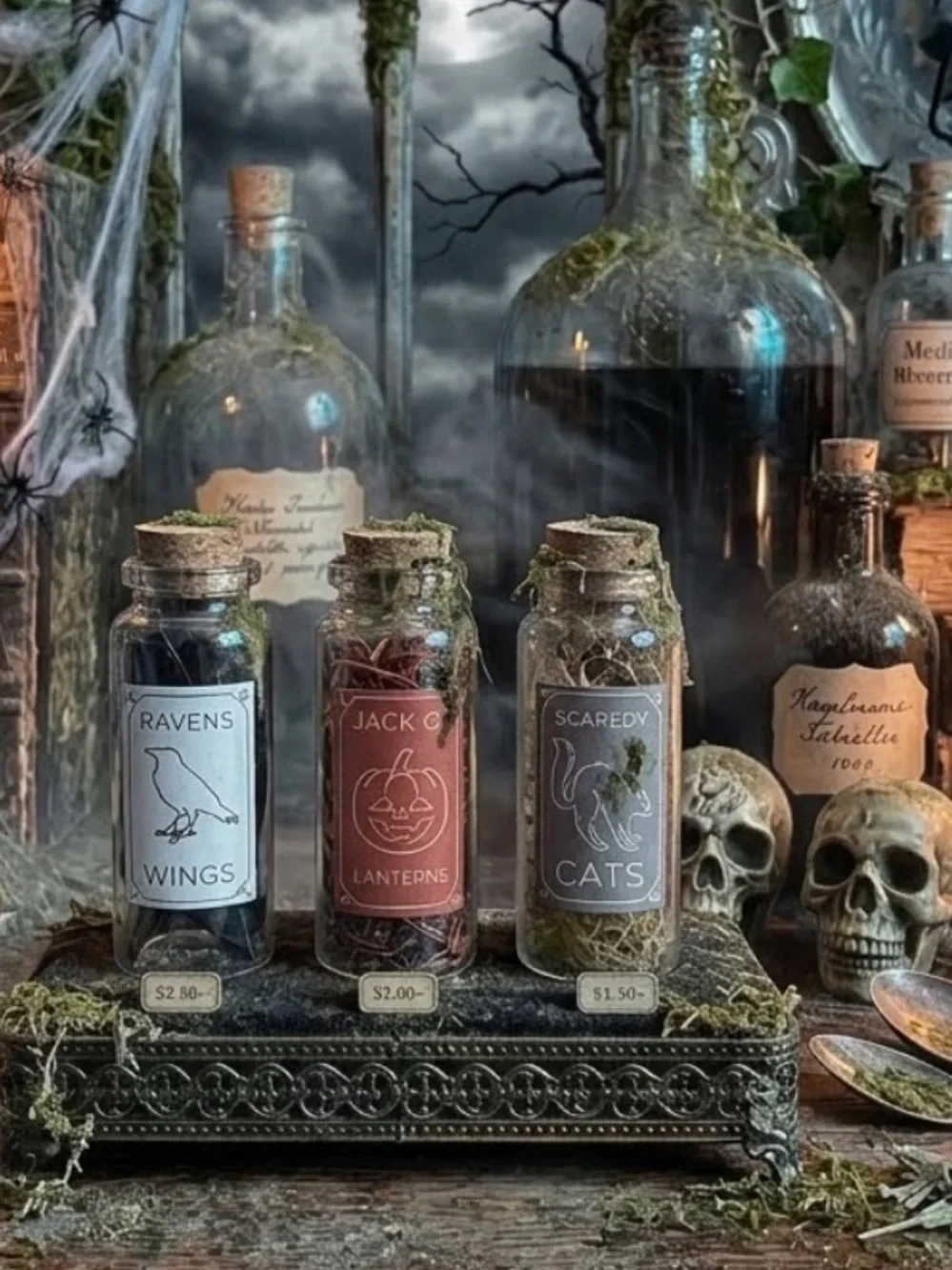 Spooky Halloween Mini Glass Potion Bottle Set – Ravens, Cats & Pumpkins